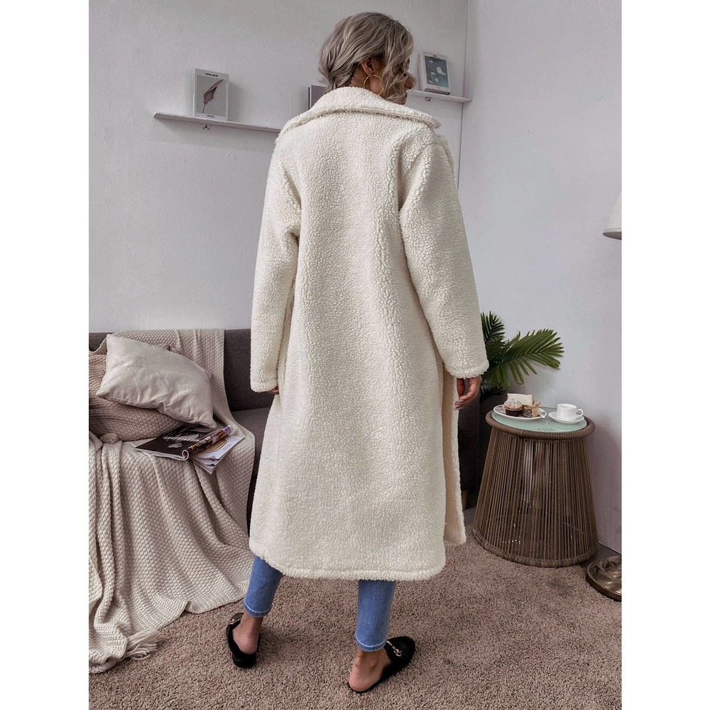 Double Button Teddy Coat Long Trench Coat Fuzzy Fluffy faux fur white cream - Picture 3 of 8